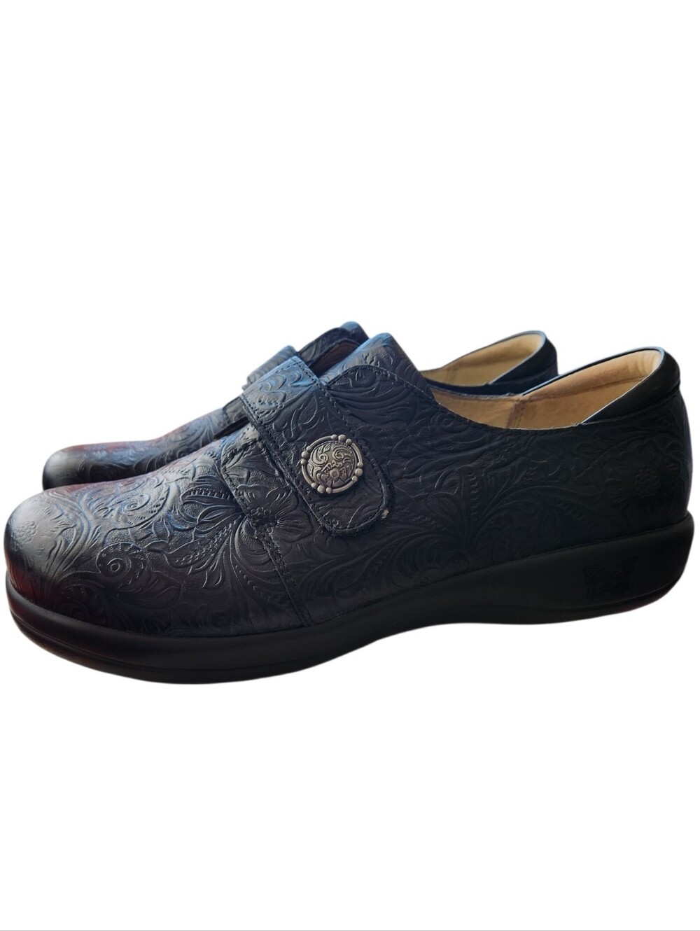 Alegria Joleen Black Arch Support Slip-On Shoe Size 42 Tar Tooled Leather Casual